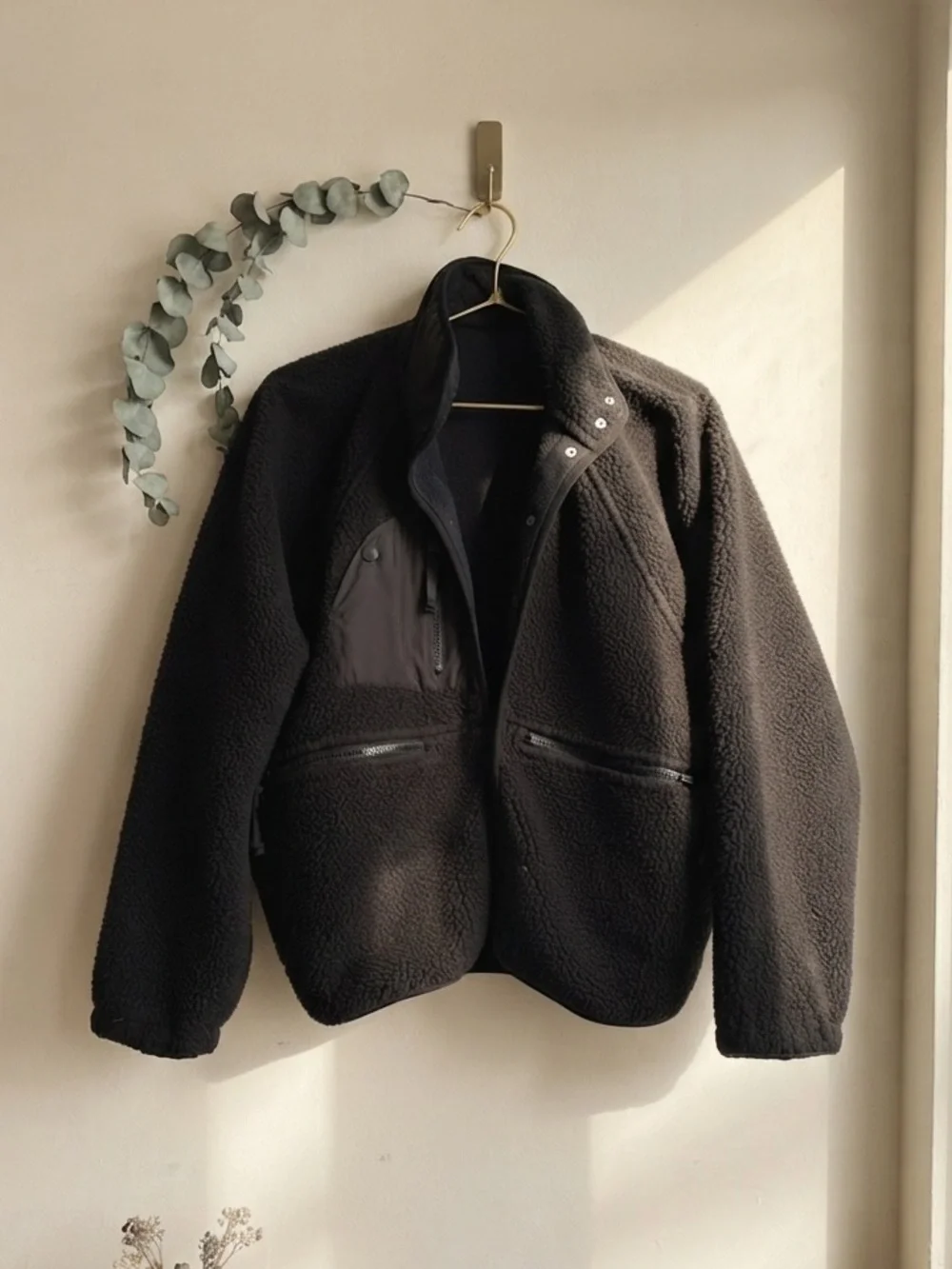 Free People Black Teddy Sherpa Jacket Snap Up Front with Zip Pockets